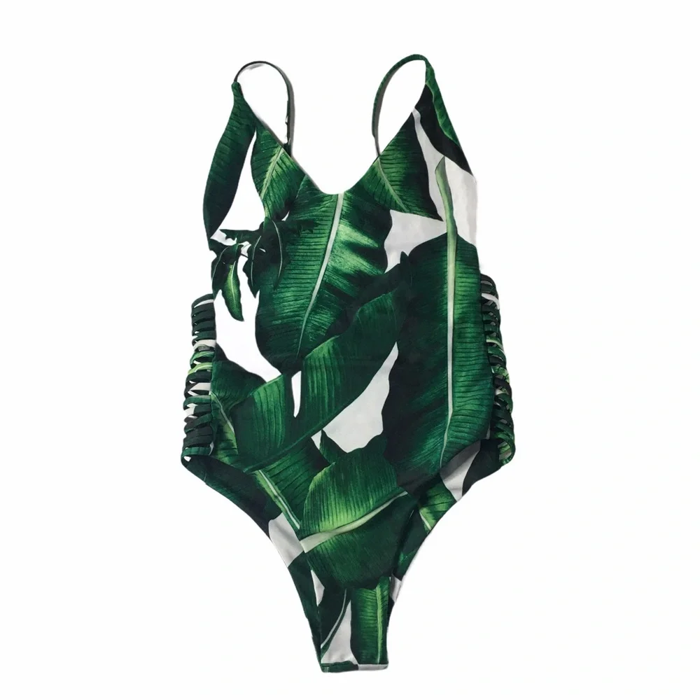 PALM LEAF Tropical  1Pc Criss Cross Back 1Pc Swim Sz M